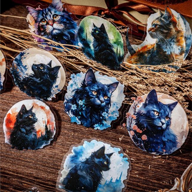 1006 Pet Sticker Pack, Moonlit Cat Series, Dark Cat-themed Journal Decorations - Paper Whimsy Studio