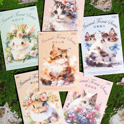 1127 Sticker Pack Animal Forest Cartoon Cat Bunny - Paper Whimsy Studio