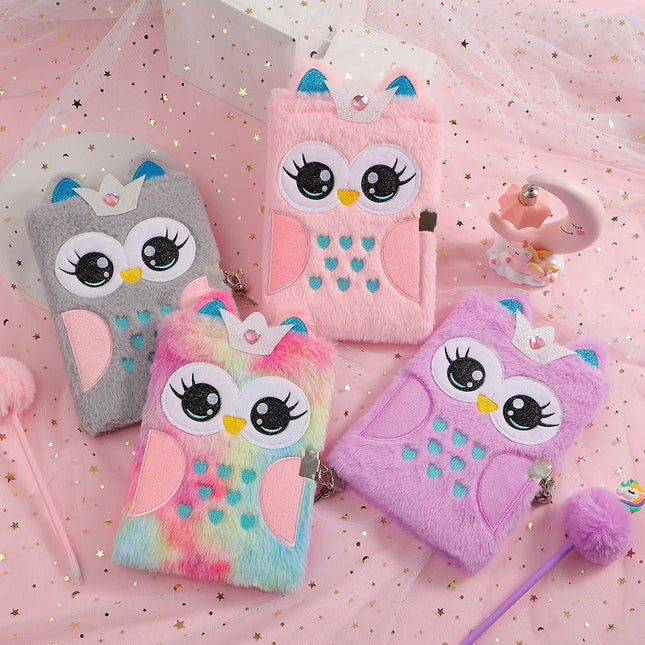 4020 Cartoon Plush Notebook A5 Owl with Lock Diary - Paper Whimsy Studio