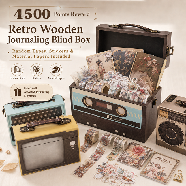 4500 Points Reward | Retro Wooden Journaling Mystery Box with Random Tapes, Stickers & Material Papers